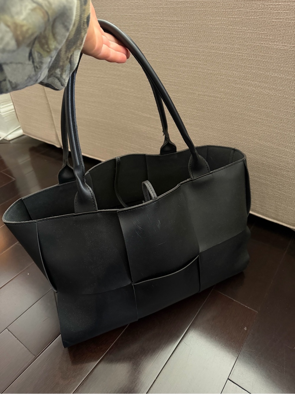 Woven Panel Black Tote Bag